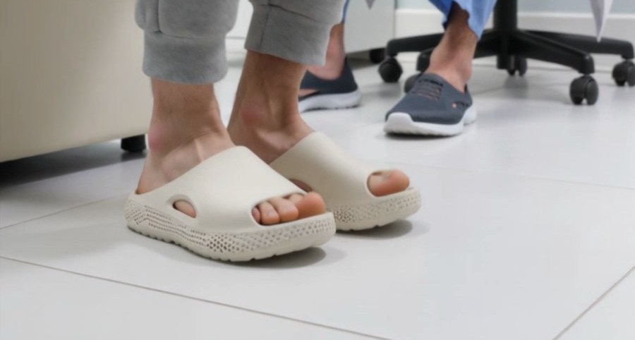 A patient wearing the custom sandal in a clinic